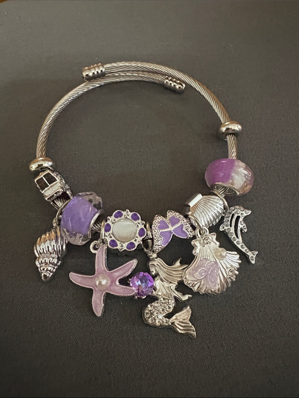 Silver Charm Bangle Bracelet with Purple Sea-Life Charms
